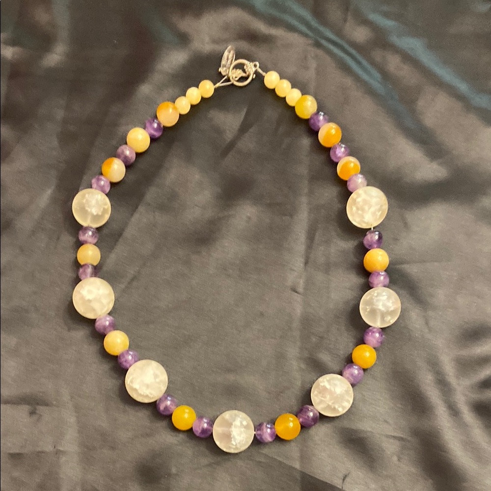 Purple and Yellow Statement Necklace with Iridescent Beads - Picture 1 of 10